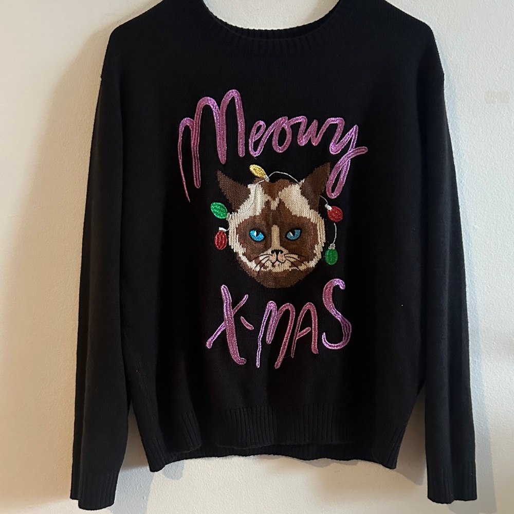 Divided Black Meowy Xmas Cat Sweater - NWOT